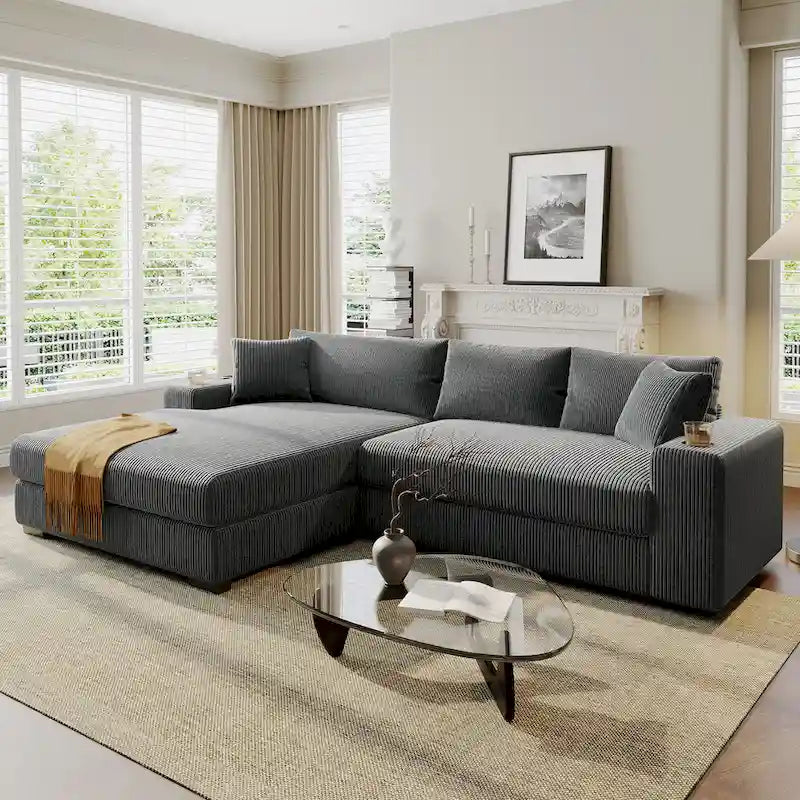 111-Inch Large Corduroy L Shape Sectional Sofa with Built-in Cup Holders & Charging Ports-22