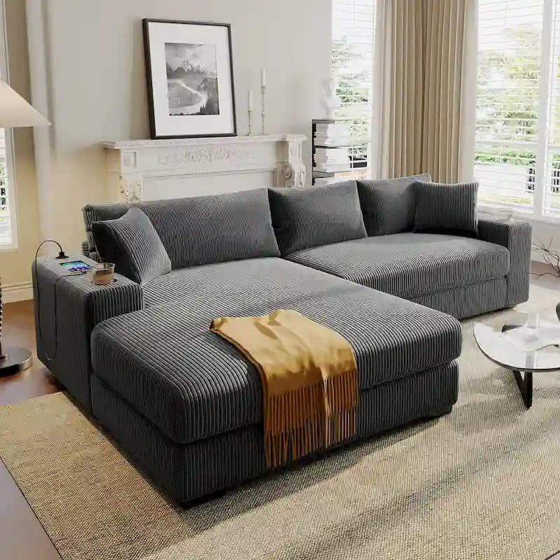 111-Inch Large Corduroy L Shape Sectional Sofa with Built-in Cup Holders & Charging Ports-23