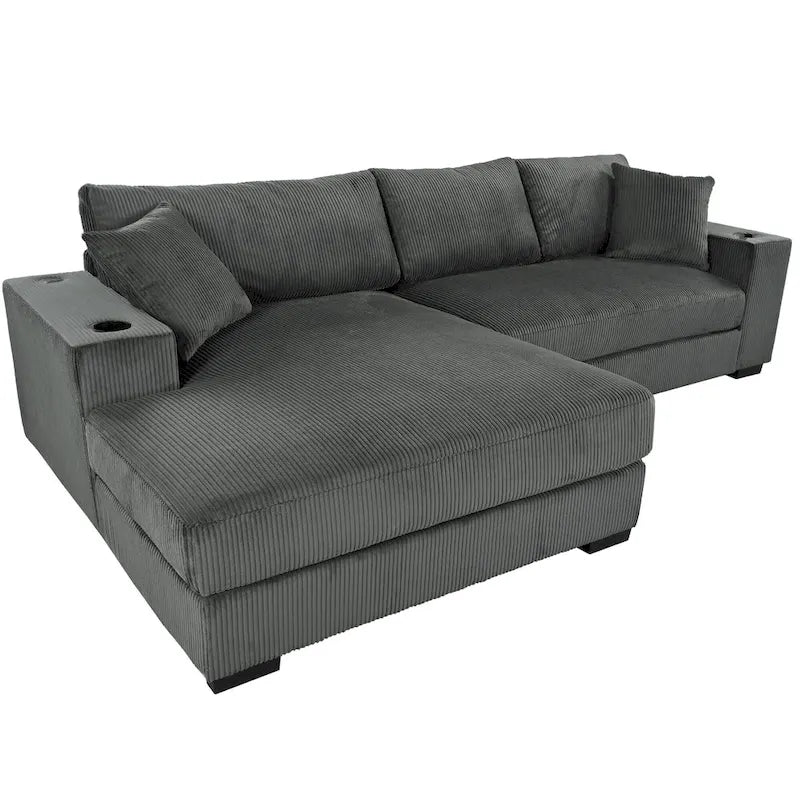 111-Inch Large Corduroy L Shape Sectional Sofa with Built-in Cup Holders & Charging Ports-24