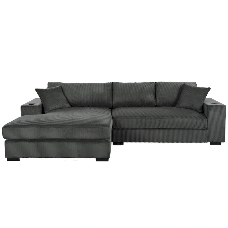 111-Inch Large Corduroy L Shape Sectional Sofa with Built-in Cup Holders & Charging Ports-25