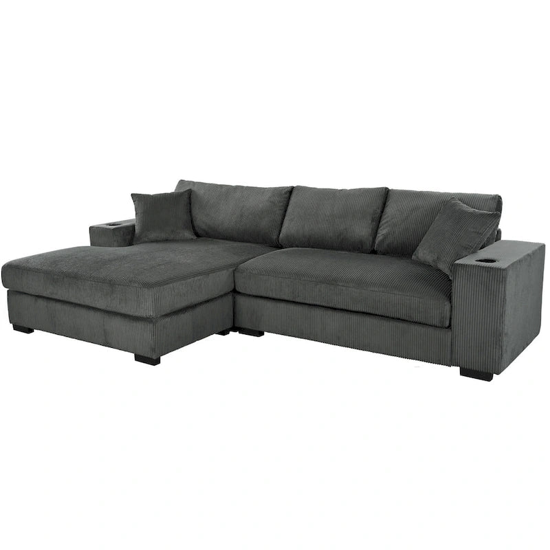 111-Inch Large Corduroy L Shape Sectional Sofa with Built-in Cup Holders & Charging Ports-26