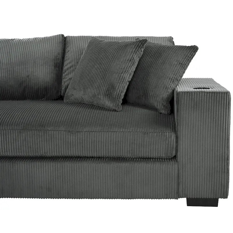 111-Inch Large Corduroy L Shape Sectional Sofa with Built-in Cup Holders & Charging Ports-28