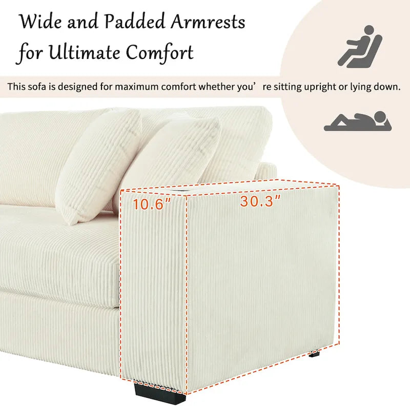 111-Inch Large Corduroy L Shape Sectional Sofa with Built-in Cup Holders & Charging Ports-37