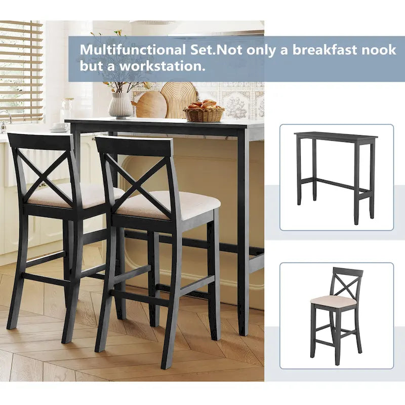 3-Piece Dining Table and Chair Set, Small Counter Height Table and Chair Set with Kitchen Breakfast Nook and 2 Chairs-4