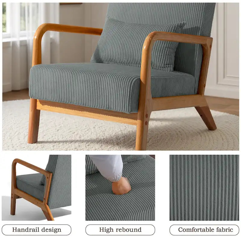 Uixe Mid Century Solid Wood Upholstered Corduroy Accent Chair-18