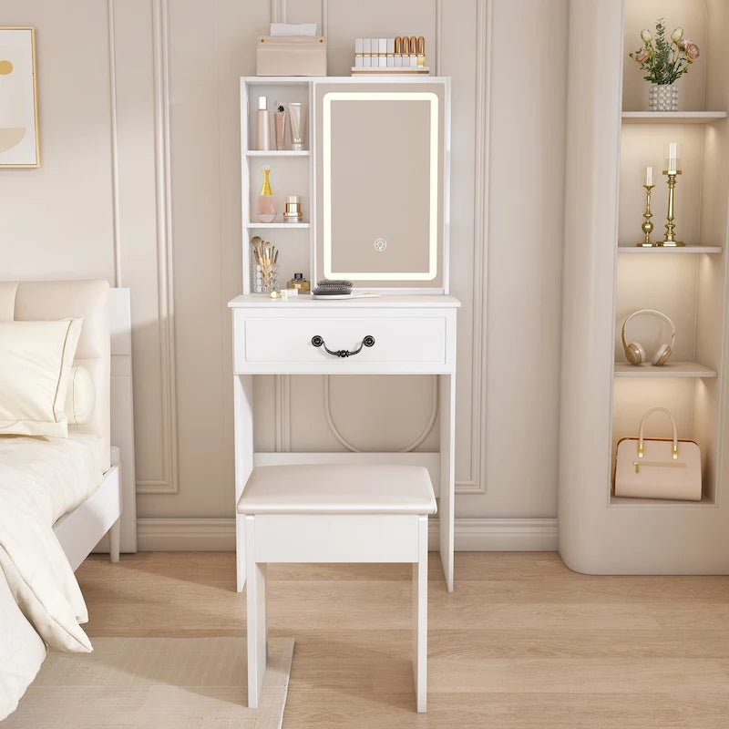 Modern Mini Dressing Table with LED-lit Mirror & Hidden Storage-2