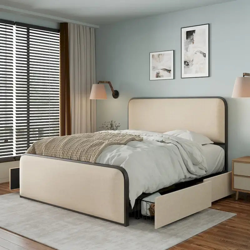 Beige Upholstered Bed Frame with Curved Headboard Footboard, Metal Slat Support Low Profile Platform Bed, Wingback Panel Bed-22