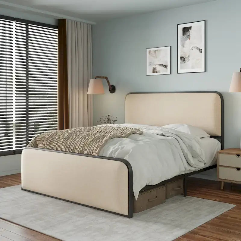 Beige Upholstered Bed Frame with Curved Headboard Footboard, Metal Slat Support Low Profile Platform Bed, Wingback Panel Bed-23