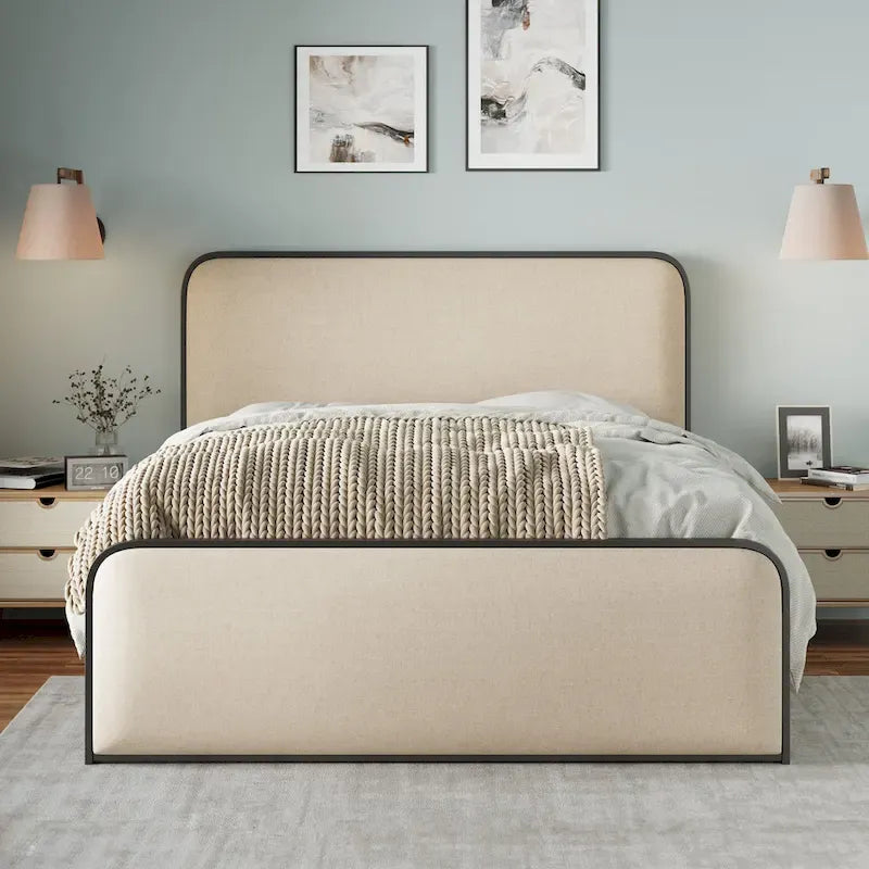 Beige Upholstered Bed Frame with Curved Headboard Footboard, Metal Slat Support Low Profile Platform Bed, Wingback Panel Bed-2