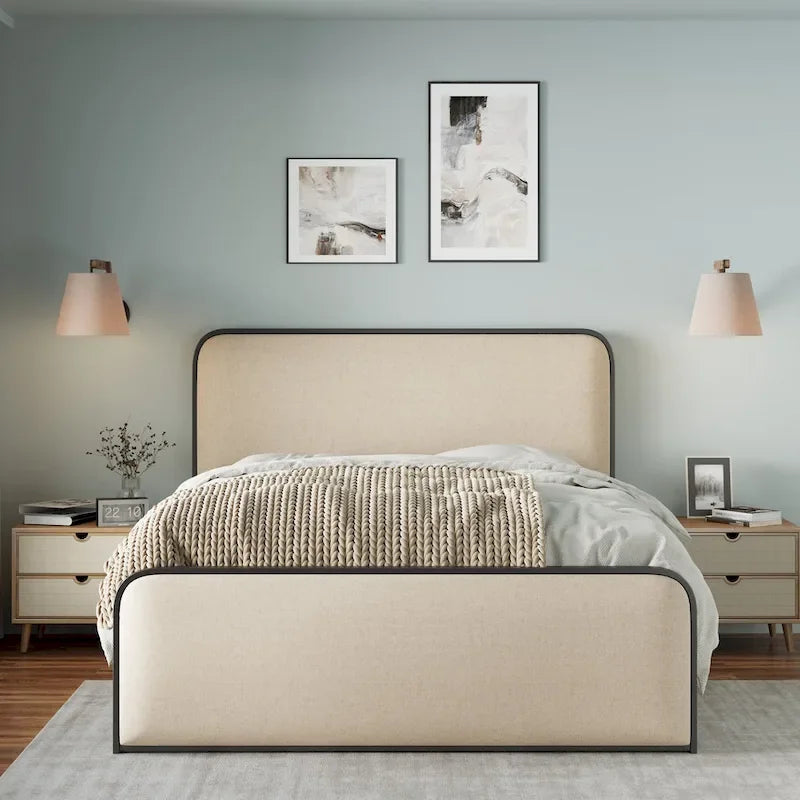 Beige Upholstered Bed Frame with Curved Headboard Footboard, Metal Slat Support Low Profile Platform Bed, Wingback Panel Bed-3