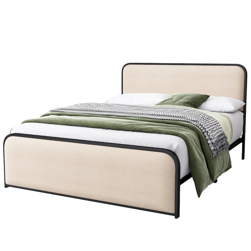 Beige Upholstered Bed Frame with Curved Headboard Footboard, Metal Slat Support Low Profile Platform Bed, Wingback Panel Bed-7