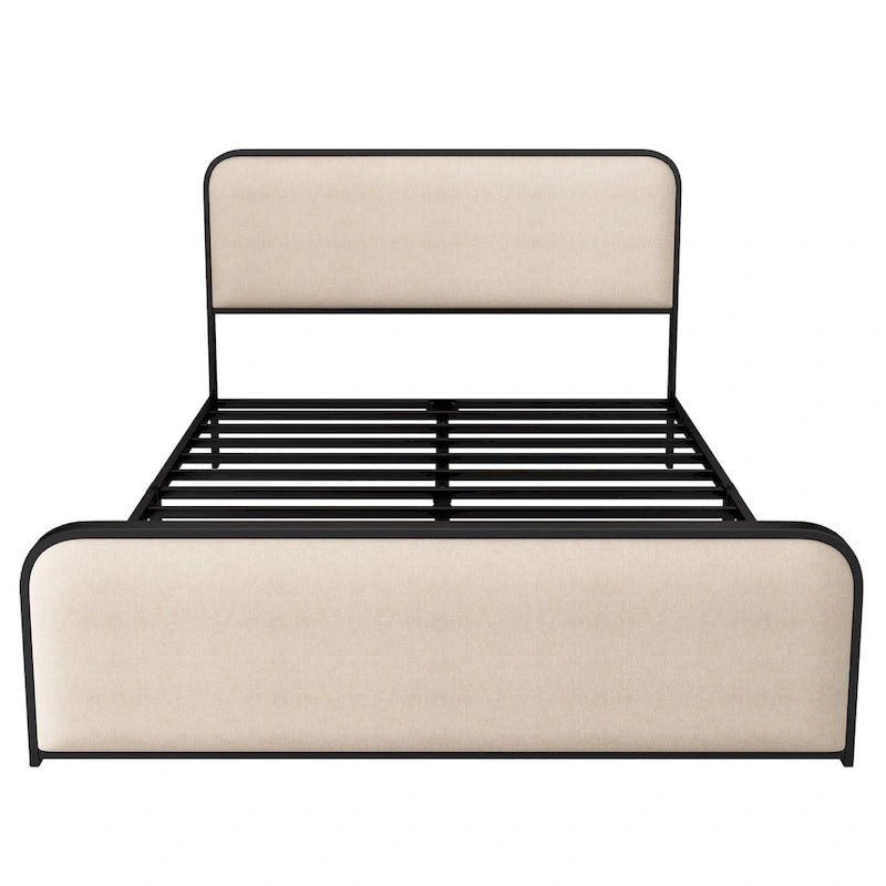 Beige Upholstered Bed Frame with Curved Headboard Footboard, Metal Slat Support Low Profile Platform Bed, Wingback Panel Bed-9