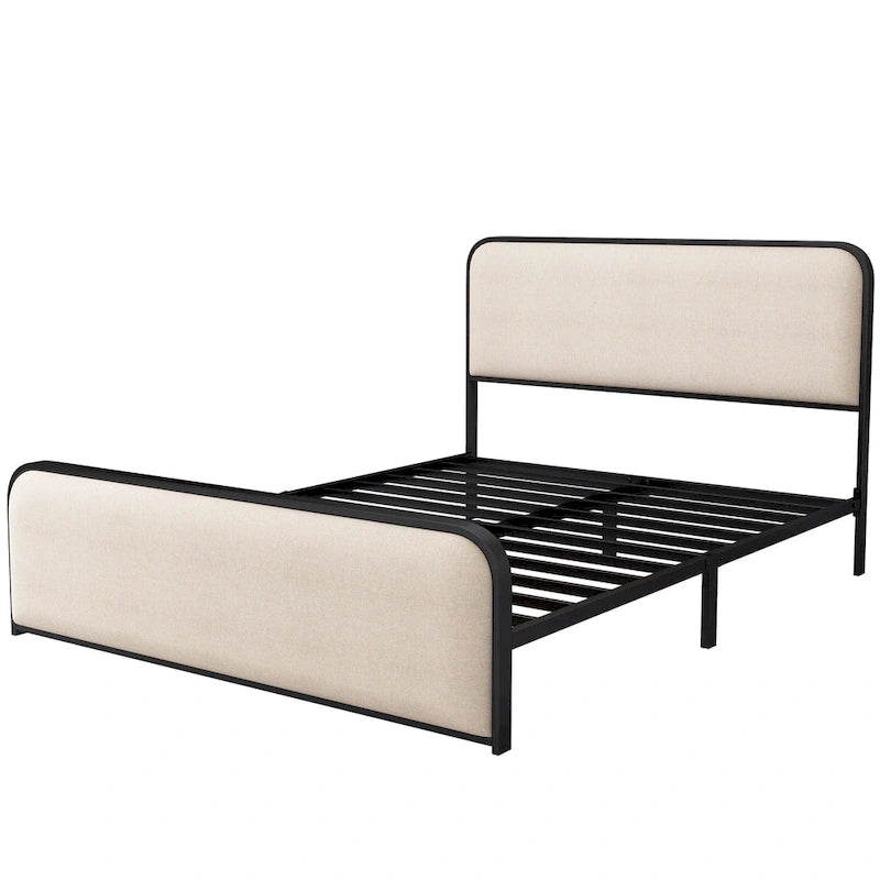 Beige Upholstered Bed Frame with Curved Headboard Footboard, Metal Slat Support Low Profile Platform Bed, Wingback Panel Bed-10