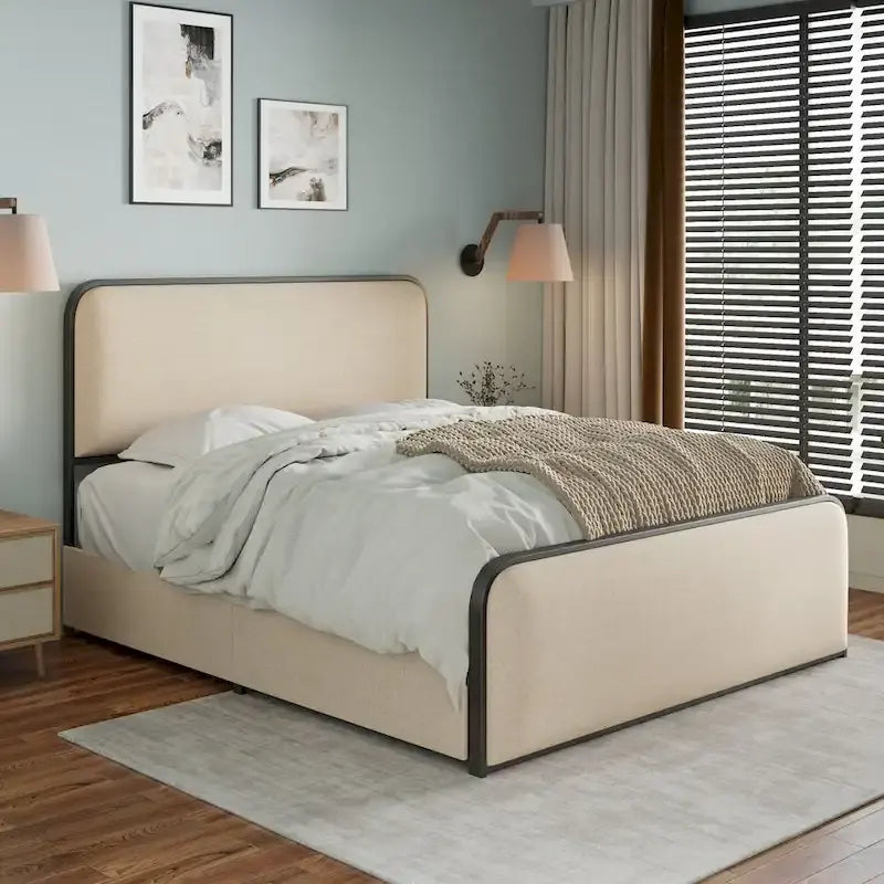Beige Upholstered Bed Frame with Curved Headboard Footboard, Metal Slat Support Low Profile Platform Bed, Wingback Panel Bed-14