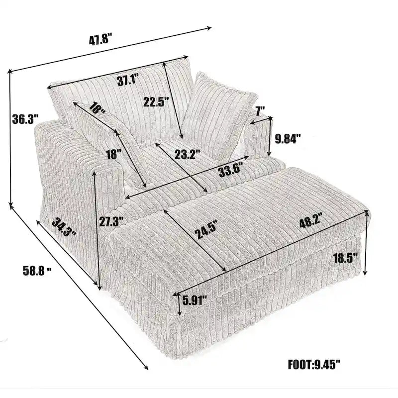 Oversized Corduroy Reclining Chair Deep Seat Armchair Single Thickened Upholstered Sofa with Pillow and Ottoman-3