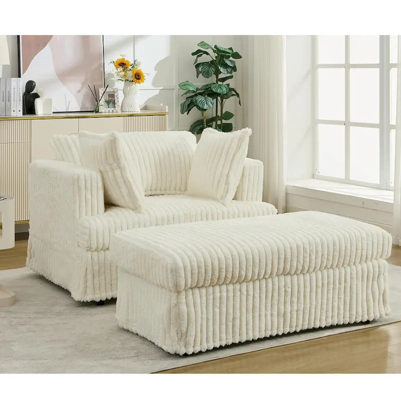 Oversized Corduroy Reclining Chair Deep Seat Armchair Single Thickened Upholstered Sofa with Pillow and Ottoman-7