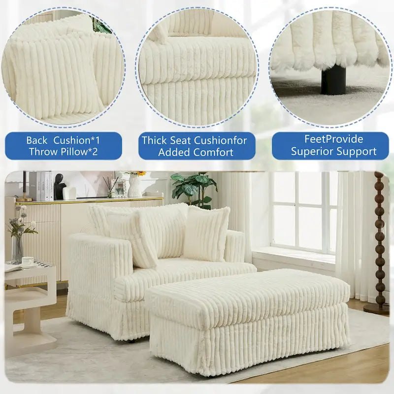 Oversized Corduroy Reclining Chair Deep Seat Armchair Single Thickened Upholstered Sofa with Pillow and Ottoman-18