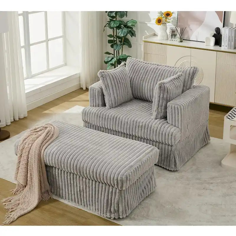 Oversized Corduroy Reclining Chair Deep Seat Armchair Single Thickened Upholstered Sofa with Pillow and Ottoman-25
