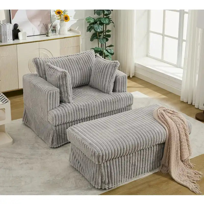 Oversized Corduroy Reclining Chair Deep Seat Armchair Single Thickened Upholstered Sofa with Pillow and Ottoman-30