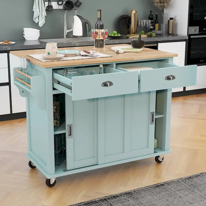 Wood Folding Kitchen Island on Wheels with Adjustable Shelf Storage Cabinet and 2 Drawers, Concealed Sliding Barn Door-30