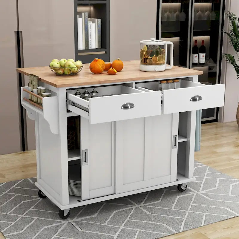 Wood Folding Kitchen Island on Wheels with Adjustable Shelf Storage Cabinet and 2 Drawers, Concealed Sliding Barn Door-31
