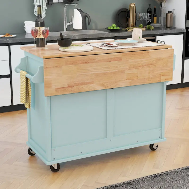 Wood Folding Kitchen Island on Wheels with Adjustable Shelf Storage Cabinet and 2 Drawers, Concealed Sliding Barn Door-3