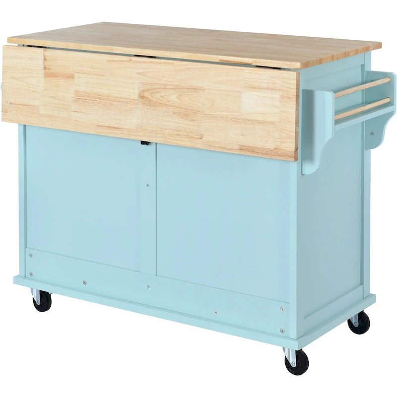 Wood Folding Kitchen Island on Wheels with Adjustable Shelf Storage Cabinet and 2 Drawers, Concealed Sliding Barn Door-6