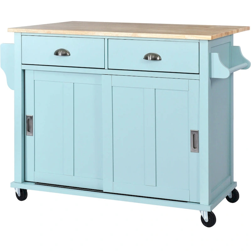 Wood Folding Kitchen Island on Wheels with Adjustable Shelf Storage Cabinet and 2 Drawers, Concealed Sliding Barn Door-7