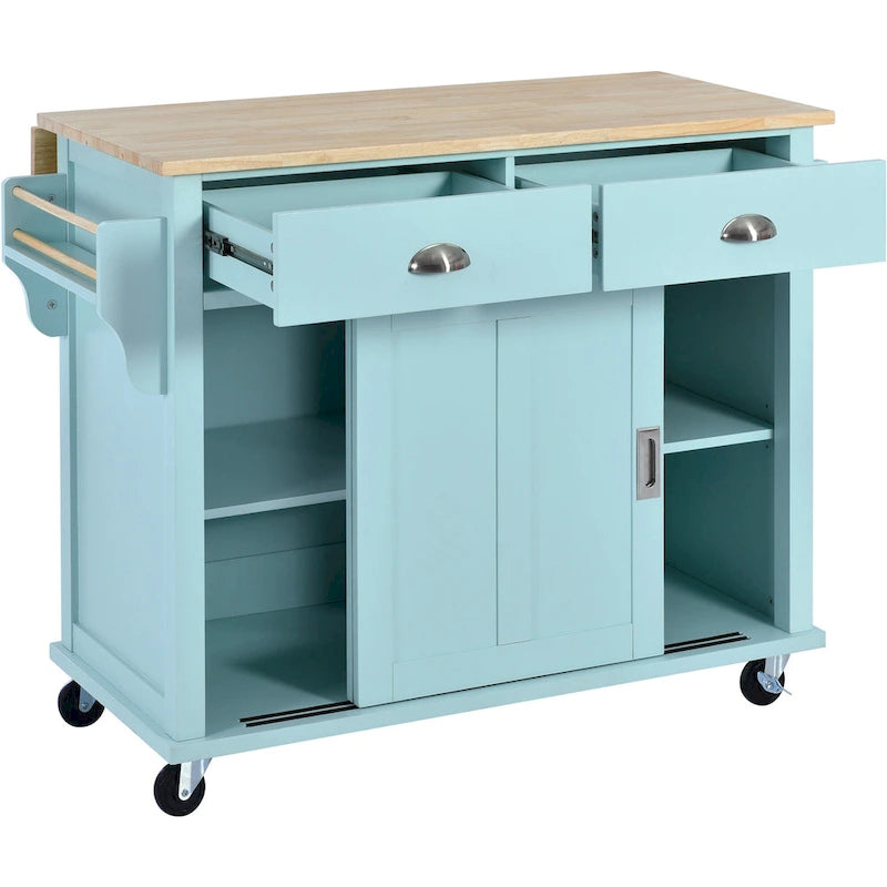 Wood Folding Kitchen Island on Wheels with Adjustable Shelf Storage Cabinet and 2 Drawers, Concealed Sliding Barn Door-10
