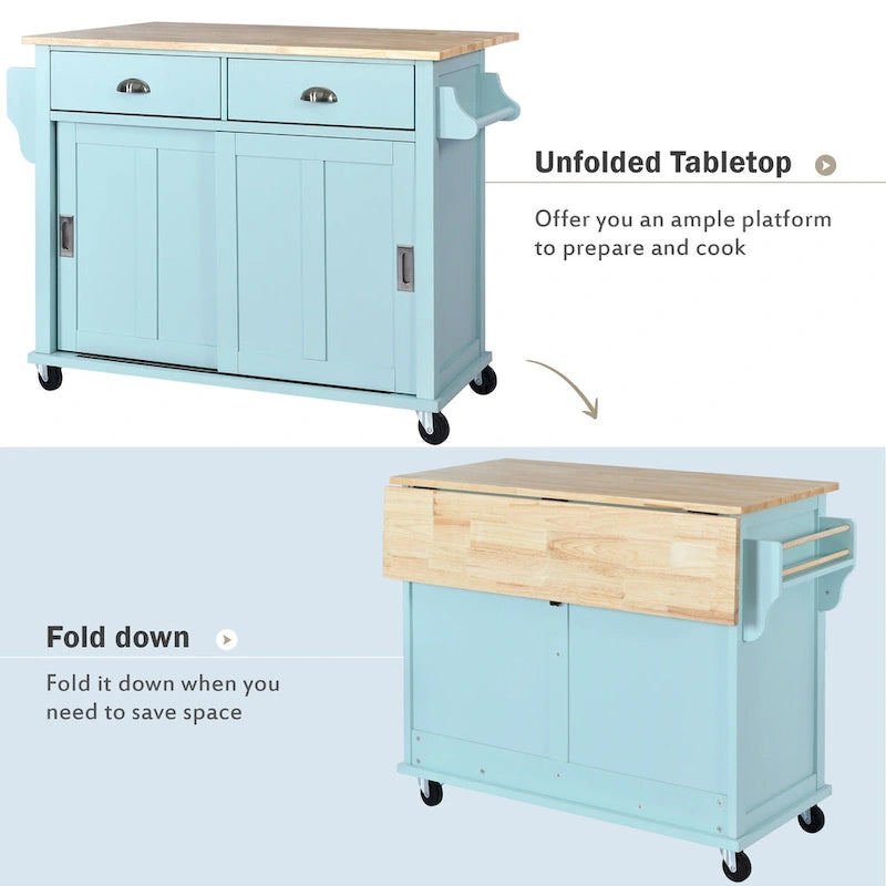 Wood Folding Kitchen Island on Wheels with Adjustable Shelf Storage Cabinet and 2 Drawers, Concealed Sliding Barn Door-11
