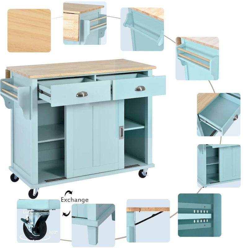 Wood Folding Kitchen Island on Wheels with Adjustable Shelf Storage Cabinet and 2 Drawers, Concealed Sliding Barn Door-14