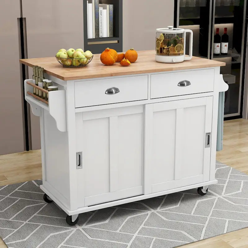 Wood Folding Kitchen Island on Wheels with Adjustable Shelf Storage Cabinet and 2 Drawers, Concealed Sliding Barn Door-22
