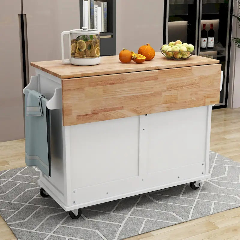 Wood Folding Kitchen Island on Wheels with Adjustable Shelf Storage Cabinet and 2 Drawers, Concealed Sliding Barn Door-23