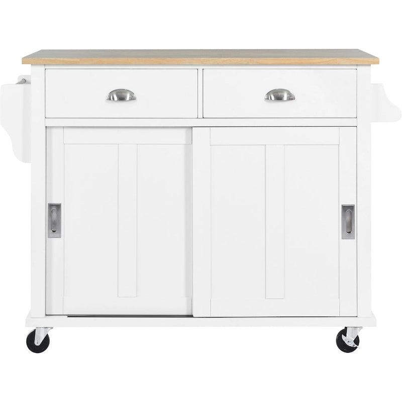 Wood Folding Kitchen Island on Wheels with Adjustable Shelf Storage Cabinet and 2 Drawers, Concealed Sliding Barn Door-24