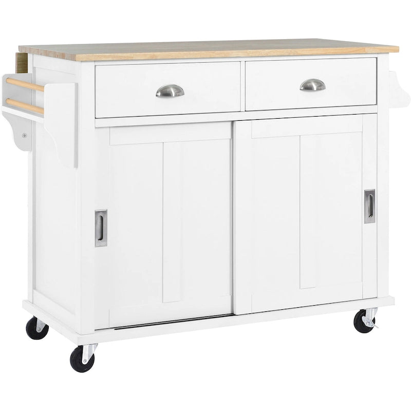 Wood Folding Kitchen Island on Wheels with Adjustable Shelf Storage Cabinet and 2 Drawers, Concealed Sliding Barn Door-25