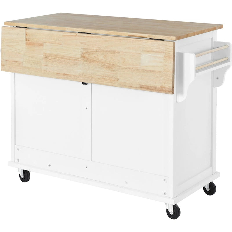Wood Folding Kitchen Island on Wheels with Adjustable Shelf Storage Cabinet and 2 Drawers, Concealed Sliding Barn Door-26