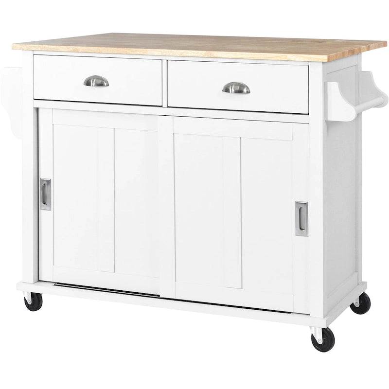 Wood Folding Kitchen Island on Wheels with Adjustable Shelf Storage Cabinet and 2 Drawers, Concealed Sliding Barn Door-27