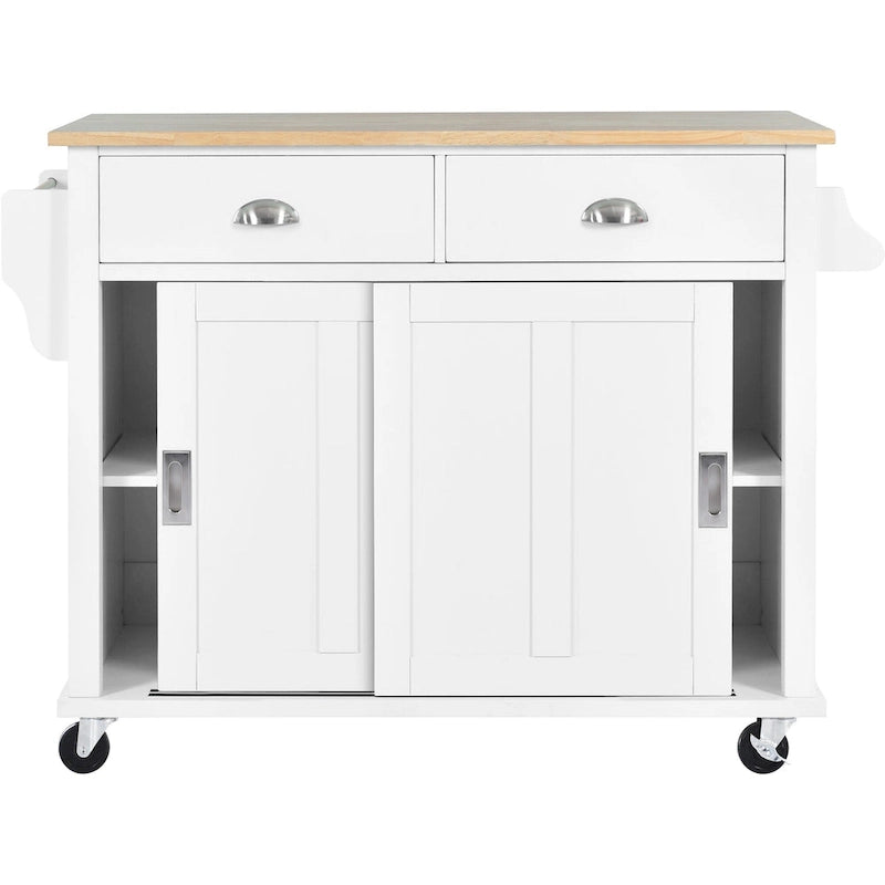 Wood Folding Kitchen Island on Wheels with Adjustable Shelf Storage Cabinet and 2 Drawers, Concealed Sliding Barn Door-29