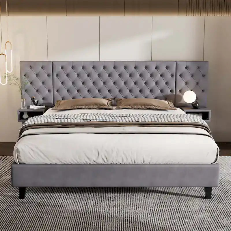 Christopher Knight Home - Alexander King Velvet Upholstered Tufted Platform Bed with Nightstands-4