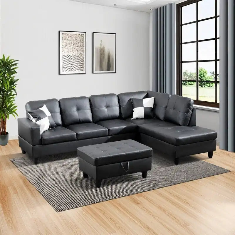 Sleek 3-Piece Black Faux Leather Couch Set, Modern Elegance for Your Living Room