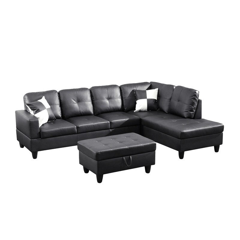 Sleek 3-Piece Black Faux Leather Couch Set, Modern Elegance for Your Living Room-4