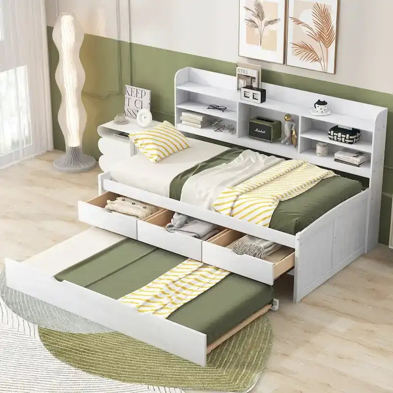 Twin Pine Captain Bed with Shelves, Drawers & Trundle-41