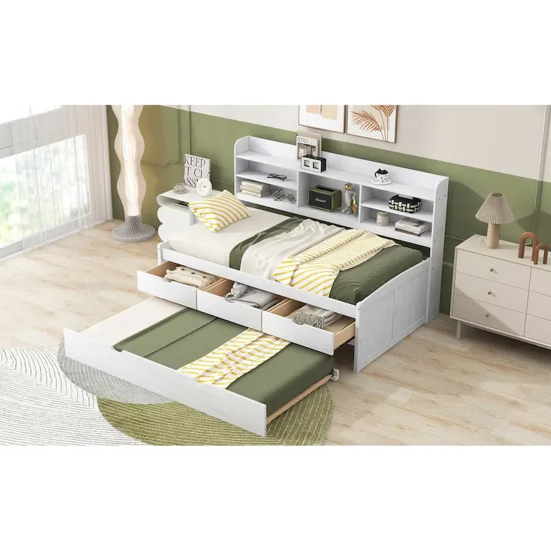 Twin Pine Captain Bed with Shelves, Drawers & Trundle-17