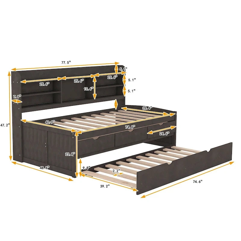 Twin Pine Captain Bed with Shelves, Drawers & Trundle-32