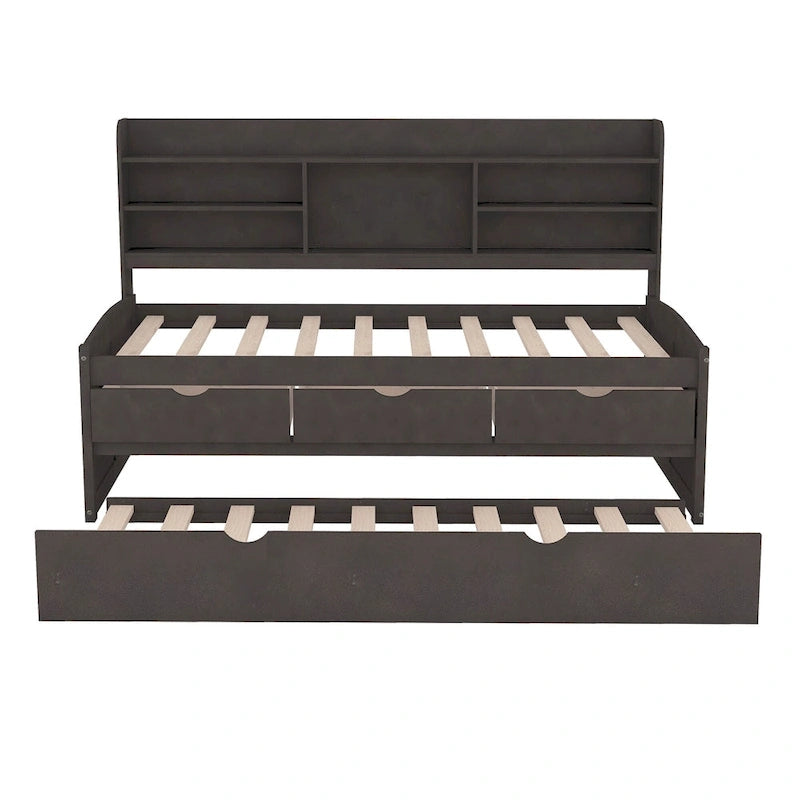 Twin Pine Captain Bed with Shelves, Drawers & Trundle-34