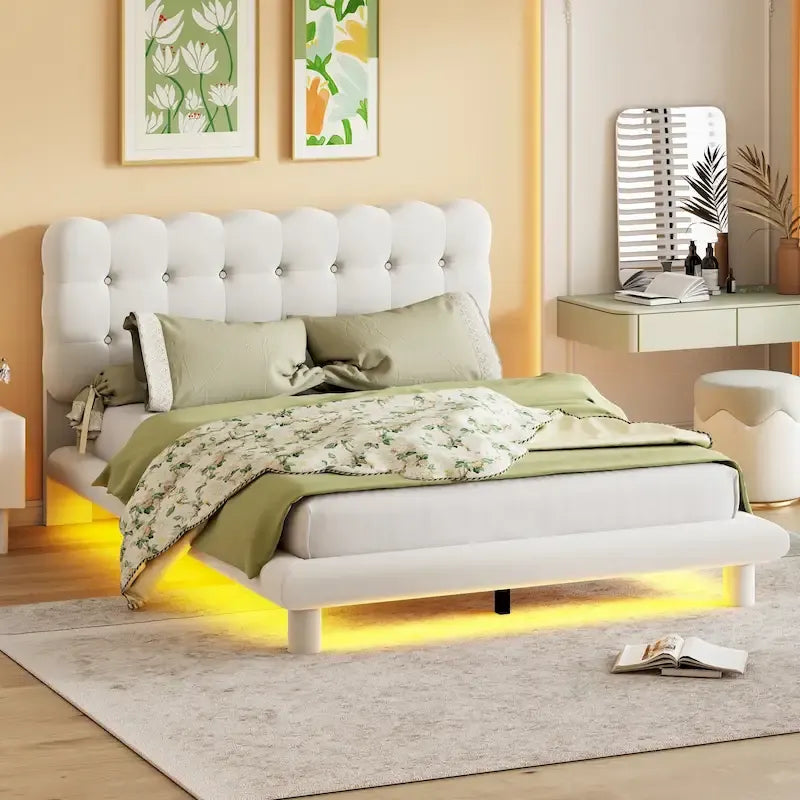 Queen Size Velvet Upholstered Platform Bed Frame with LED Light & Biscuit Headboard-31