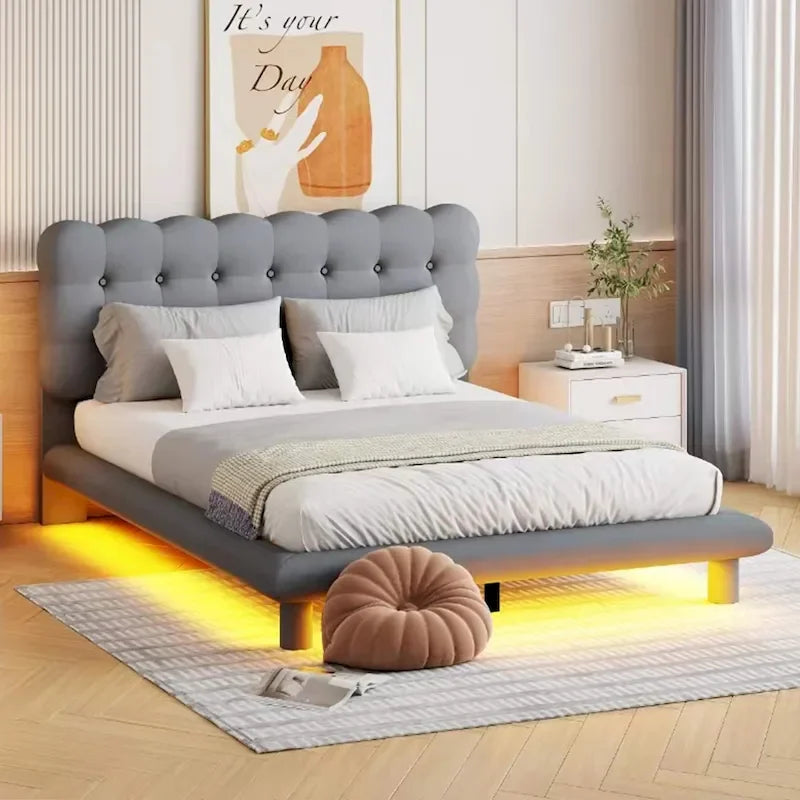 Queen Size Velvet Upholstered Platform Bed Frame with LED Light & Biscuit Headboard-32