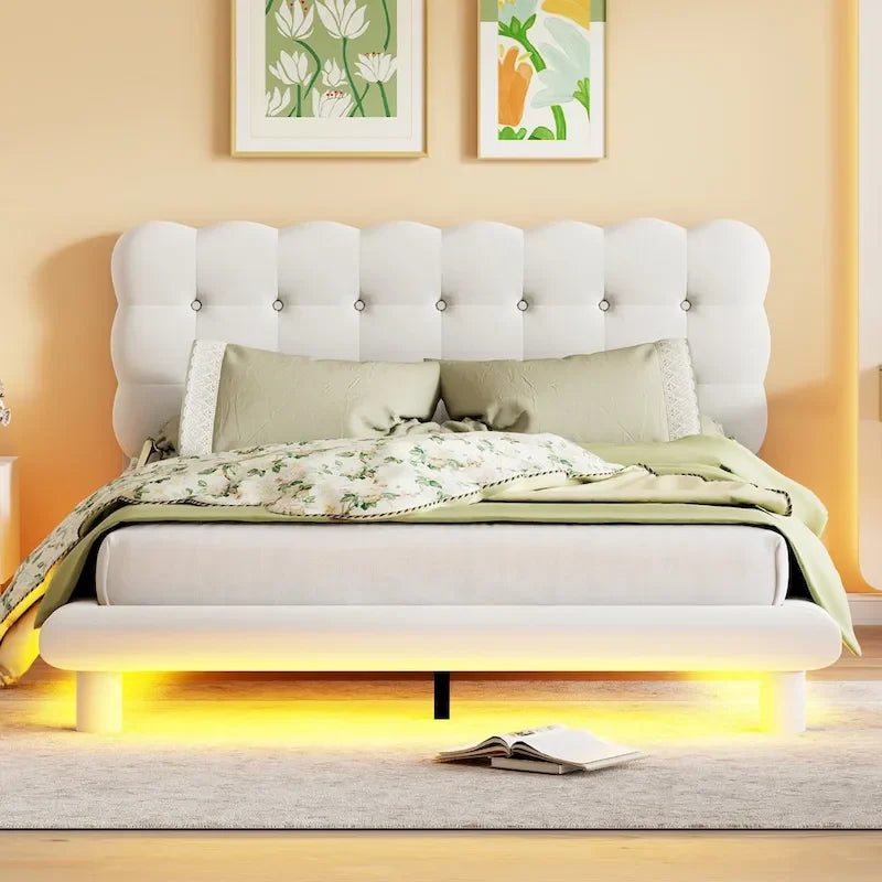 Queen Size Velvet Upholstered Platform Bed Frame with LED Light & Biscuit Headboard-2
