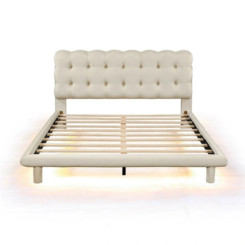 Queen Size Velvet Upholstered Platform Bed Frame with LED Light & Biscuit Headboard-3