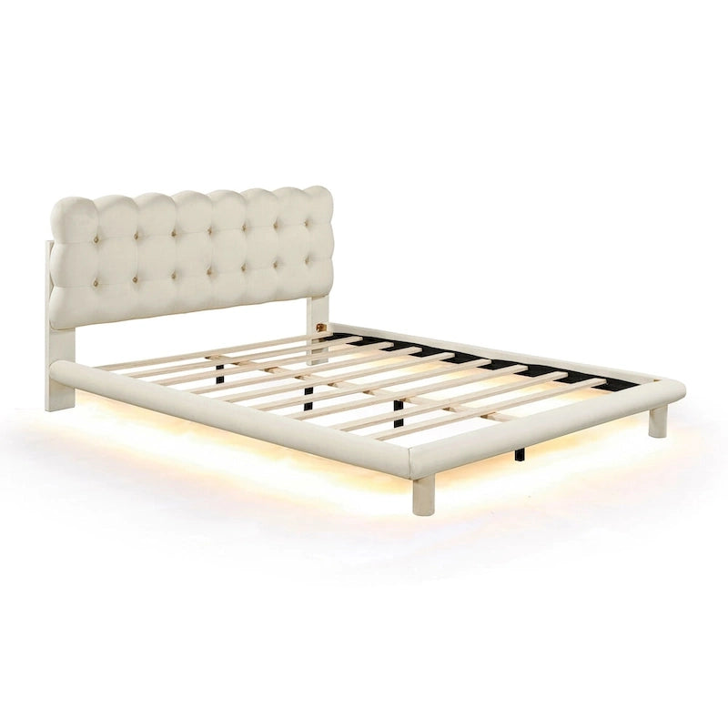 Queen Size Velvet Upholstered Platform Bed Frame with LED Light & Biscuit Headboard-4